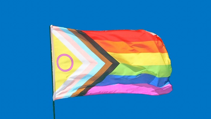 Regenbogen- und Transgender-Stolzflagge, die vor einem klaren blauen Himmel weht.