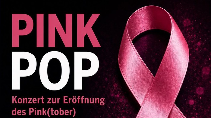 Rosa Pop-Konzertplakat zur Förderung einer Brustkrebs-Aufklärungveranstaltung mit Schleifensymbol und Namen der auftretenden Künstler.