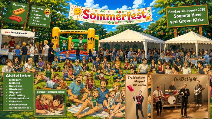 Et livligt sommerfestplakat med aktiviteter, mad, musik og familiesjov ved Sognets Have nær Greve Kirke.