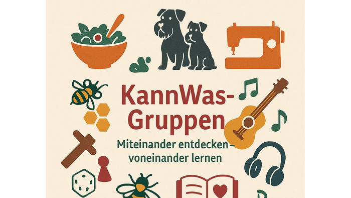 Bunte Grafik zur Bewerbung der „KannWas-Gruppen“ für gemeinsames Lernen und Entdecken durch verschiedene Aktivitäten und Hobbys.