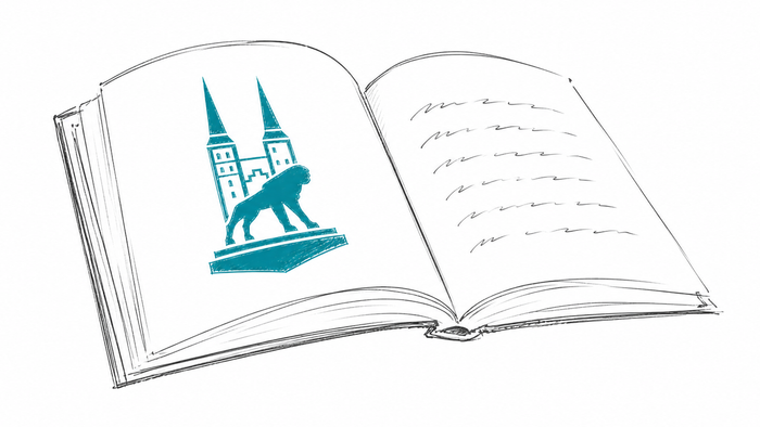 Skizze eines aufgeschlagenen Buches mit Logo des Doms