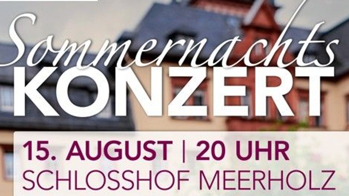 Plakat für Sommerkonzert des Jugend Orchesters im Schlosshof Meerholz am 15. August, freier Eintritt – Spenden willkommen.