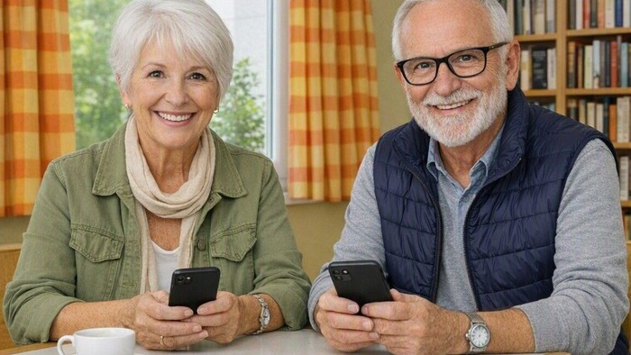 Zwei Personen mit Handy am Tisch