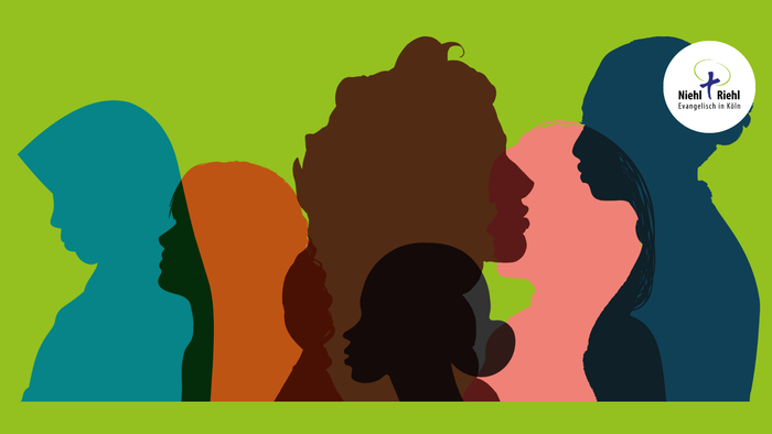 Bunte Silhouetten verschiedener Menschen, die zusammenstehen und Einheit sowie Inklusion symbolisieren.