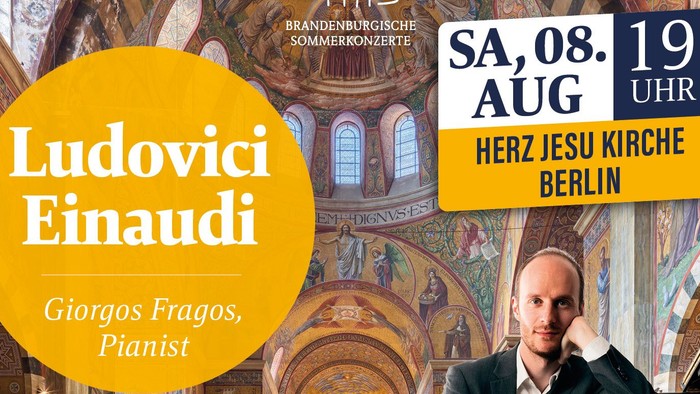 Plakat zur Werbung für ein Klavierkonzert von Giorgos Fragos in der Herz-Jesu-Kirche, Berlin, am 8. August.