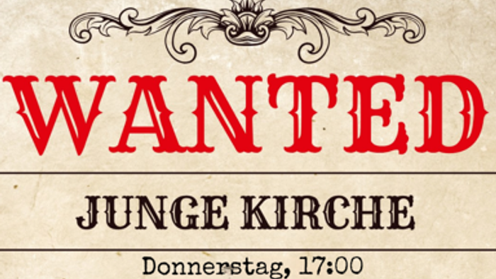 „Gesucht“-Plakat für die Junge Kirche: Einladung für Schüler:innen der 5.–7. Klasse zu monatlichen sozialen Treffen mit Gleichaltrigen.