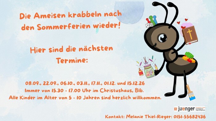 Illustriertes Plakat zur Ankündigung von Ameisen-themenbezogenen Kinderaktivitäten mit Terminen, Uhrzeiten und Kontaktdaten auf Deutsch.