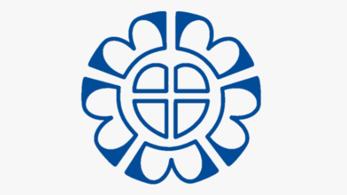 Abstraktes Logo mit einem stilisierten Sonnenstrahlen-Muster und verbundenen Globuselementen in Blau und Weiß.