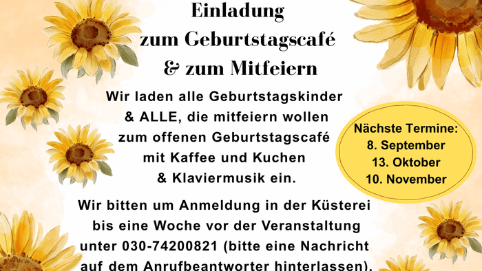 Einladung zum Geburtstagscafé für Geburtstagskinder und zum Mitfeiern. Sonnenblumen im Hintergrund.