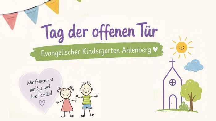 Tag der offenen Tür – Evangelischer Kindergarten Ahlenberg. Illustration mit Kindern, Kirche und der Einladung: 'Wir freuen uns auf Sie und Ihre Familie!'