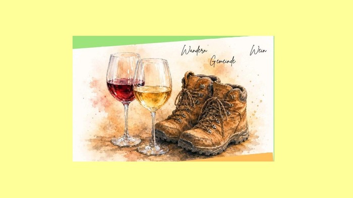 Das Bild zeigt zwei Weingläser und ein paar Wanderschuhe, und die Begriffe Wandern, Gemeinde und Wein.