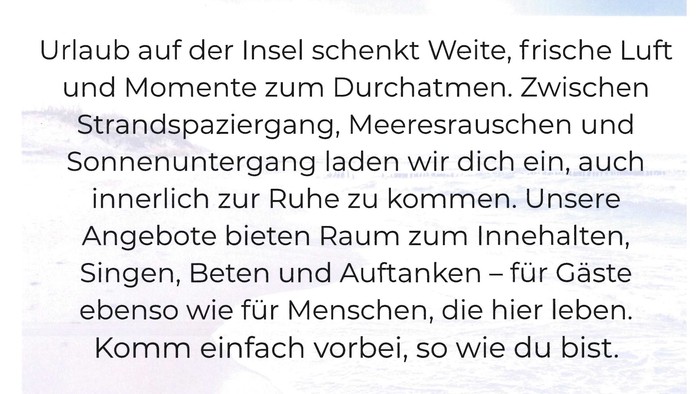Einladung zur spirituellen Woche am Meer mit beruhigenden Aktivitäten für Gäste und Bewohner, vom 18.5.–27.9.2025.