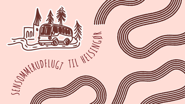 Illustreret bustur-grafik med naturskøn rute, der slynger sig gennem skove og forbi en kirke, mærket sommersjov til Västervik.
