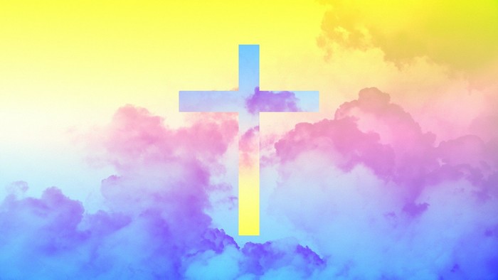 A blue cross stands prominently amidst colorful clouds