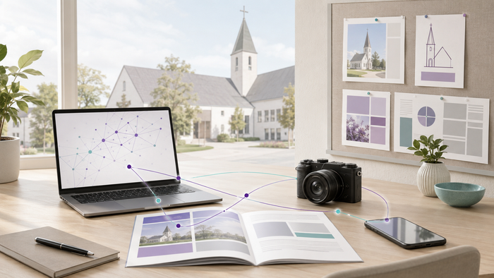Auf einem hellen Schreibtisch verbinden violette und petrolfarbene Linien einen Laptop, einen Gemeindebrief, eine Kamera und ein Smartphone vor einer Kirche.