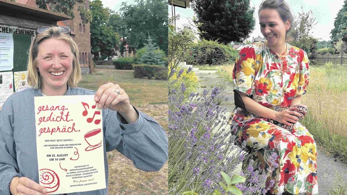 Portraitfotos von Johanna Moser (links mit Plakat) und Miriam Keller (neben dem Lavendel im Pfarrgarten hockend)