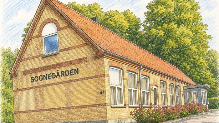 Akvarelillustration af en charmerende gul kirkebygning ved navn 