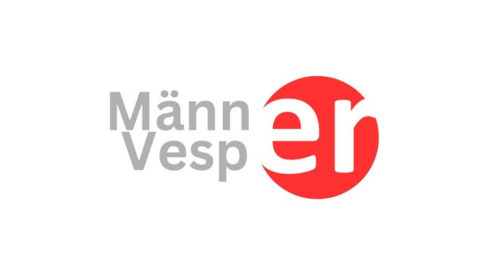Logo für Männer Vesper mit stilisiertem Text und einem roten kreisförmigen Akzent auf dem Buchstaben „e“.