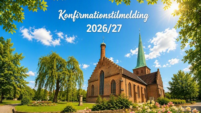 Et malerisk kirke med grønne spir mod en klar himmel, indrammet af frodig grønne planter og blomster, mærket 