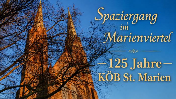 Ein malerischer Spazierweg an der historischen St. Marienkirche vorbei, die im Marienviertel ihr 125-jähriges Jubiläum feiert.