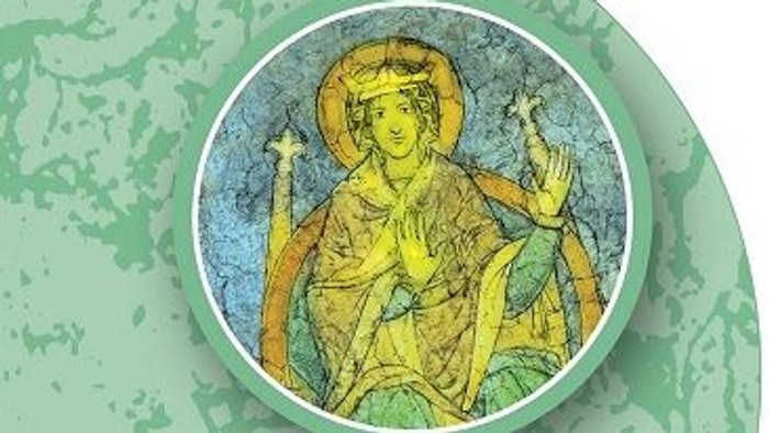 Religiöses Kunstwerk mit einer Heiligenfigur, dem Emblem des Braunschweiger Doms und Text.