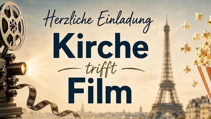 Einladungsplakat, das Kirchen- und Filmthemen mit dem Eiffel Tower, Popcorn und Filmspulen-Motiven verbindet.