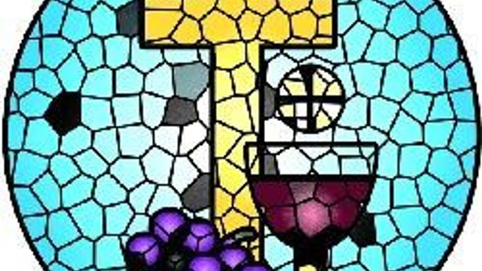 Stained-glass style religious icon featuring a cross, grapes, and wine chalice.