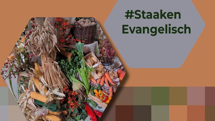 Werbeplakat für die Veranstaltungen der Evangelischen Kirchengemeinde Staaken im September/Oktober 2026 mit frischen Produkten.