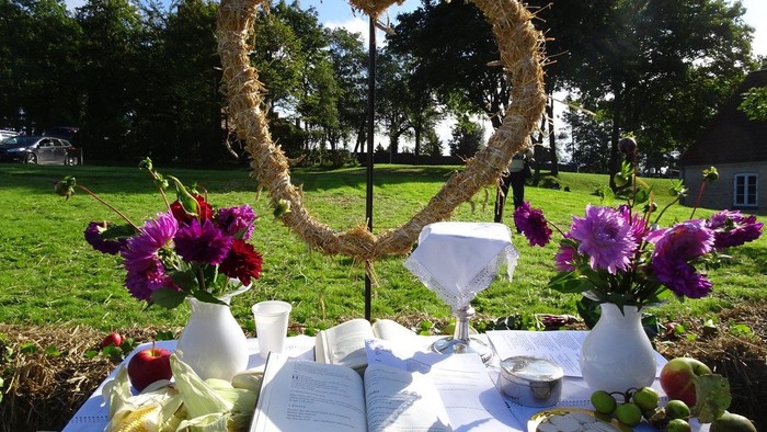 En festligt dekket bord med blomster og mad i en park