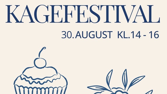 Plakatannoncering for kagefestival ved Hellerup Kirke med illustrationer af cupcakes og kager, afholdt den 30. august.