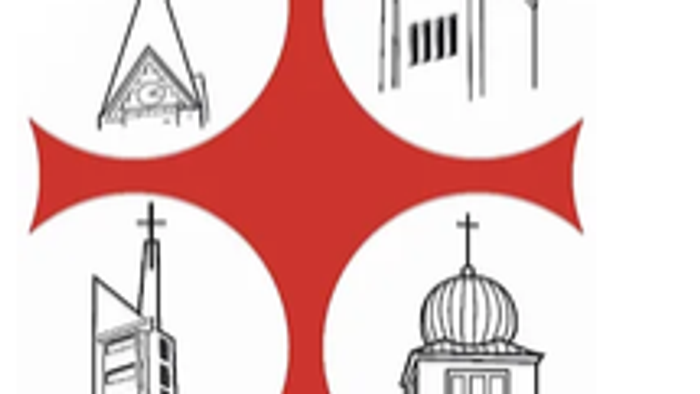 rotes Kreuz mit graphischen Detailzeichnungen der Gemeinde-KIrchtürme