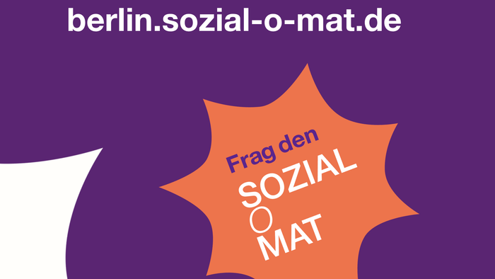 lila hintergrund, davor slogan und url zum sozial-o-mat