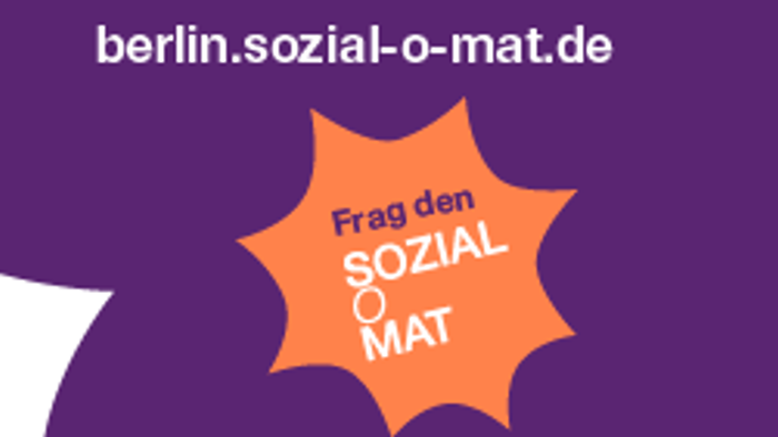 lila Hintergrund, darauf Slogan und link zum Sozial-O-Mat