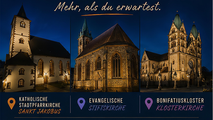 Werbeplakat für die „Nacht der offenen Kirchen“ in Hünfeld mit Musik, Licht und Gemeinschaftsveranstaltungen am 19. September 2026.