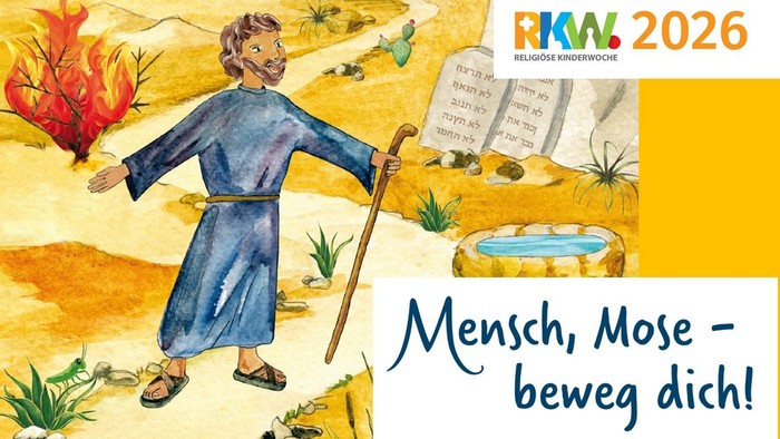 Illustration von Mose, der mit den Tafeln voranschreitet und das Motto der RKW-Konferenz 2026 „Mensch, Mose – beweg dich!“ bewirbt.