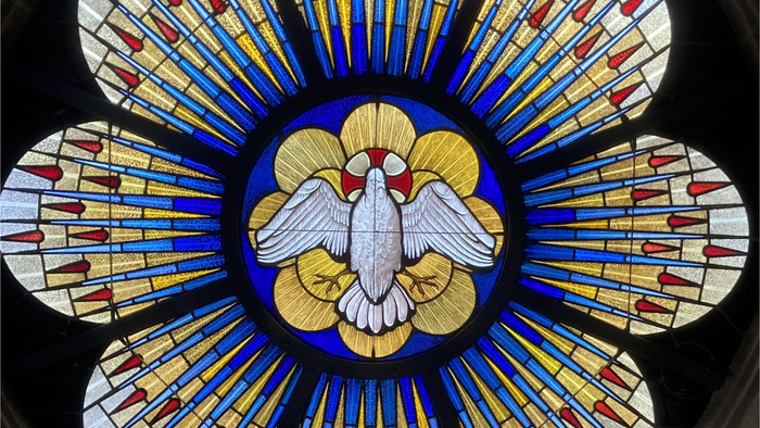 Rosettenfenster der Abdinghofkirche mit der Taube als Symbol des Heiligen Geistes
