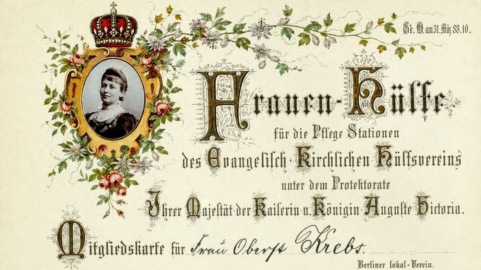 Vintage-Mitgliedskarte für eine Frauenwohltätigkeitsorganisation unter der Schirmherrschaft von Kaiserin Auguste Victoria.