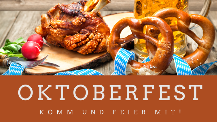 Plakat lädt zum Oktoberfest-Event mit traditionellem deutschem Essen, Getränken und Live-Musik am 23. Oktober 2026 ein.