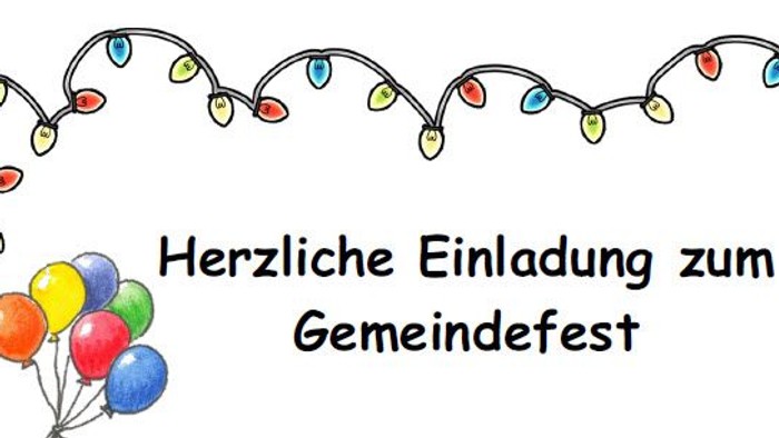 Herzliche Einladung zum Gemeindefest mit festlicher Lichterkette und bunten Luftballons.