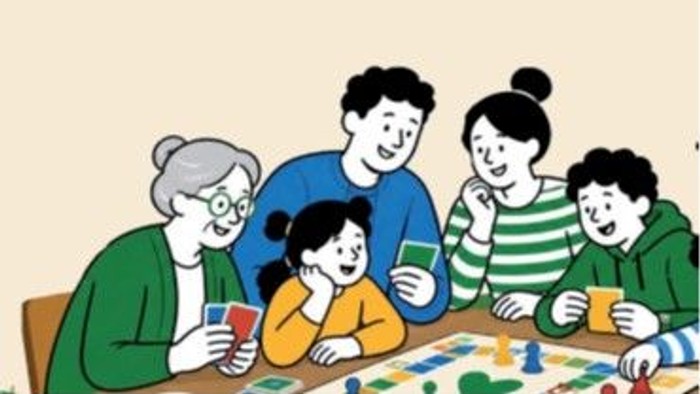 Eine fröhliche Familie spielt gemeinsam ein Brettspiel an einem Tisch mit Getränken.
