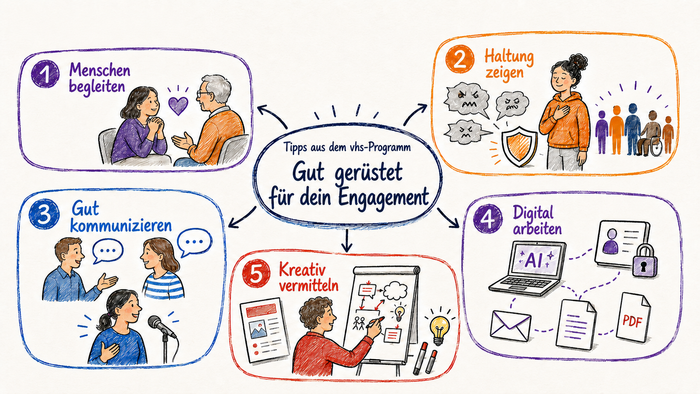 Eine handgezeichnete Übersicht gruppiert um „Tipps aus dem vhs-Programm – Gut gerüstet für dein Engagement“ fünf illustrierte Themenfelder: Menschen begleiten, Haltung zeigen, gut kommunizieren, digital arbeiten und kreativ vermitteln.