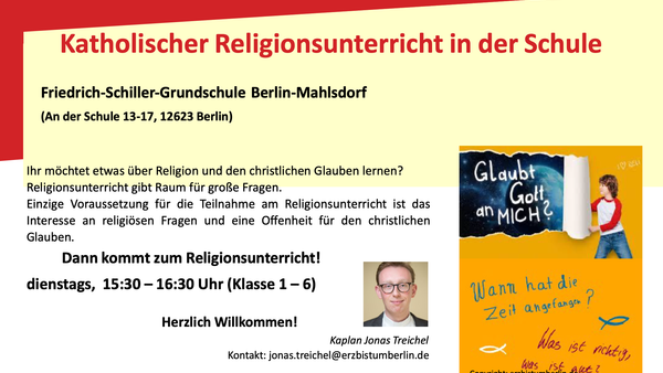 Katholischer Religionsunterricht - Anzeige f�r die Friedrich-Schiller-Grundschule in Berlin mit Kontaktdaten.