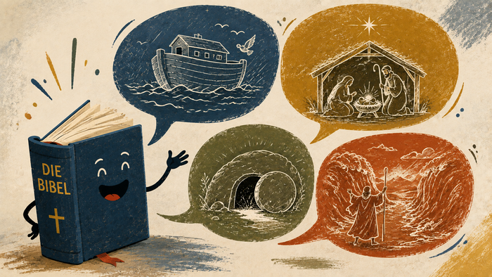Eine gezeichnete, lächelnde Bibel erzählt in vier Sprechblasen von der Arche Noah, Jesu Geburt, dem leeren Grab an Ostern und der Teilung des Meeres durch Mose. Die Illustration ist in gedeckten Blau-, Ocker-, Grün- und Rottönen gestaltet.