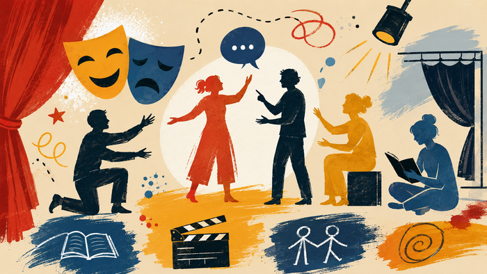 Stilisierte Figuren in Dunkelblau, Rot und Ockergelb spielen, improvisieren und lesen zwischen roten Bühnenvorhängen. Theatermasken, Sprechblase, Scheinwerfer, Buch und Filmklappe ergänzen die lebhafte Grafik auf cremefarbenem Hintergrund.