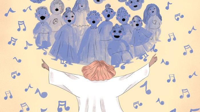 En mand med et kor af bjørnebarnere i hovedet, omgivet af musikalske noter