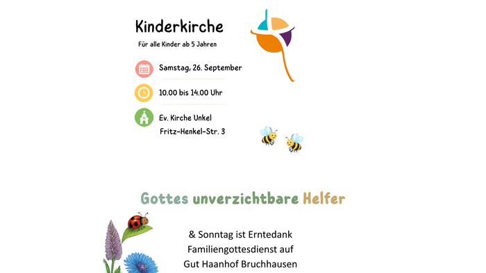 „Kirchenveranstaltung für Kinder ab 5 Jahren am 26. September mit weiteren Informationen zum Familiengottesdienst.“