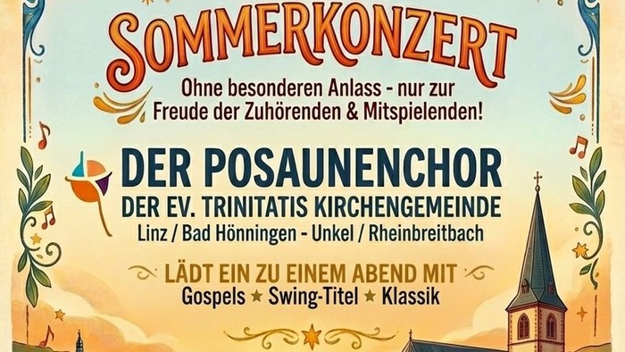 Plakat für Sommerkonzert des Posaunenchors der Evangelischen Trinitatis-Kirchgemeinde mit Gospel, Swing und klassischer Musik.