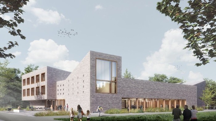 Modernes Gebäude mit großen Fenstern und Menschen im Freien