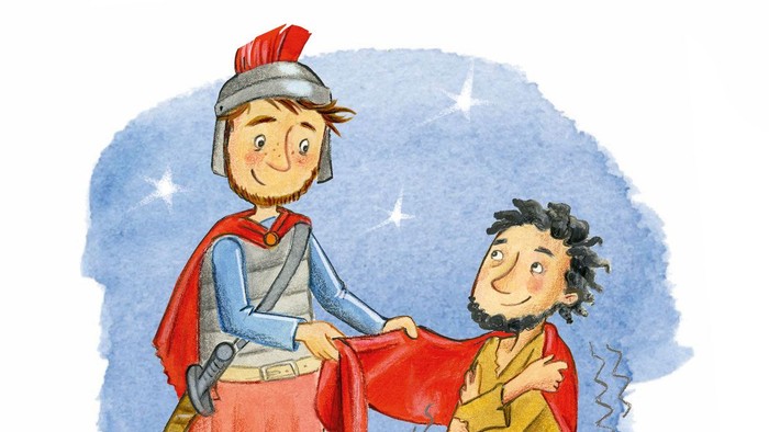 Zwei Figuren tauschen ein rotes Tuch aus, eine als Ritter gekleidet und die andere in farbenfrohe Gewänder.