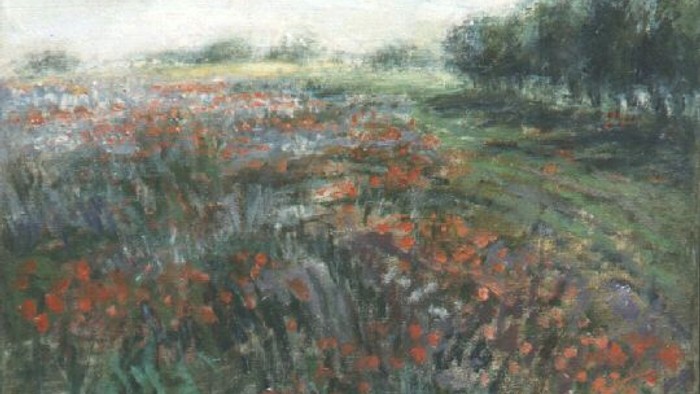 Lebendiges impressionistisches Gemälde einer Wildblumenwiese unter einem sanften, bewölkten Himmel.